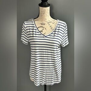 Green Envelope Blue & White Striped V-Neck Tee